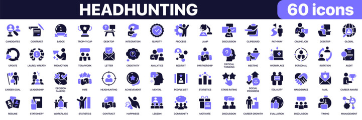 Fototapeta premium Headhunting icon collection in purple colored style. Includes hiring, candidates, career growth, human resources, teamwork and recruitment process icons in flat fill style