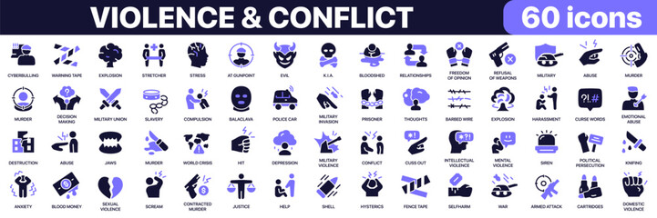 Naklejka na ściany i meble Violence and conflict icon collection in purple colored style. Includes crime, military, abuse, conflict, danger and social violence awareness icons in flat fill style