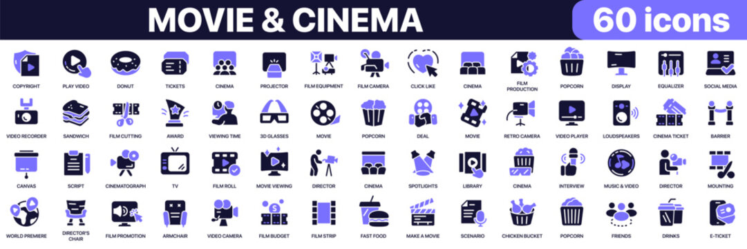Movie and cinema icon collection in purple colored style. Includes filmmaking, cinema entertainment, video production, screening and media industry icons in flat fill style