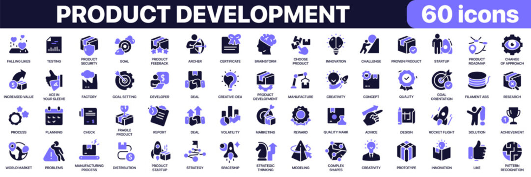 Product development icon collection in purple colored style. Includes innovation, testing, manufacturing, strategy, product design and business growth icons in flat fill style
