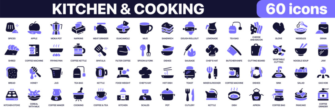Kitchen and cooking icon collection in purple colored style. Includes cookware, food preparation, beverages, baking, kitchen appliances and culinary tools icons in flat fill style