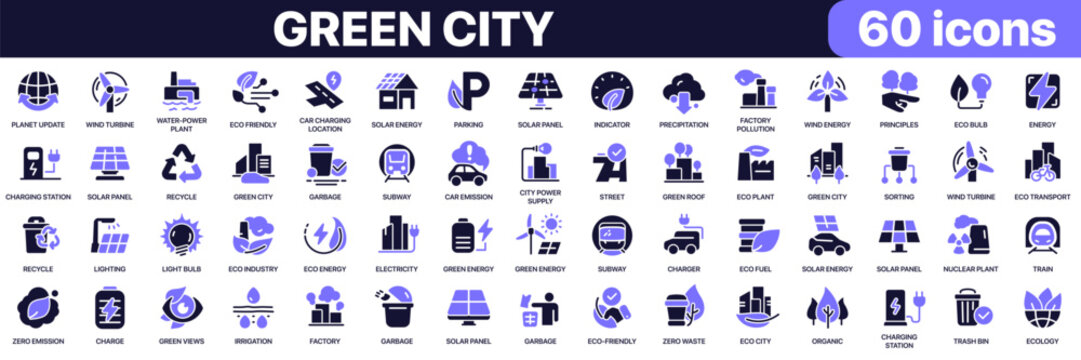 Green city icon collection in purple colored style. Includes renewable energy, sustainability, recycling, eco transport and environmental protection icons in flat fill style