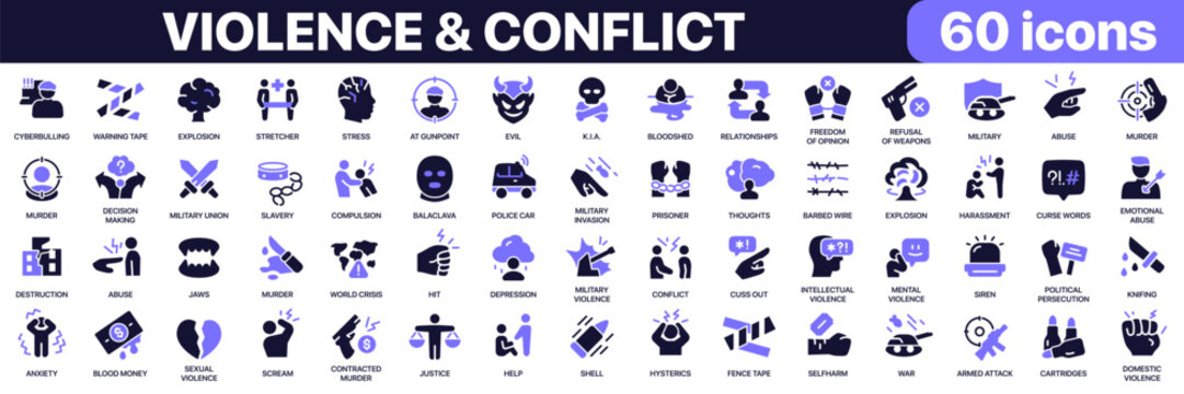 Violence and conflict icon collection in purple colored style. Includes crime, military, abuse, conflict, danger and social violence awareness icons in flat fill style