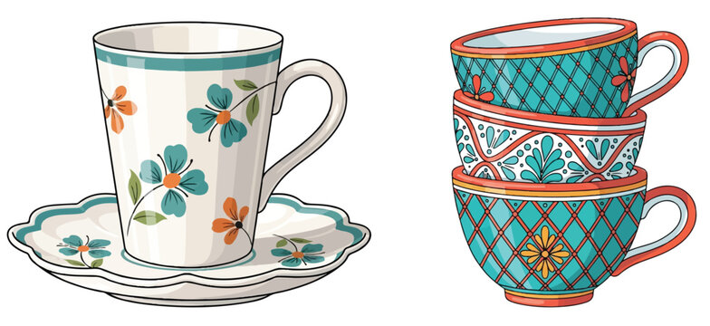 A tall patterned teacup on a saucer sits next to a stack of three decorative cups, all featuring traditional Sicilian floral and lattice designs in vibrant teal and orange 