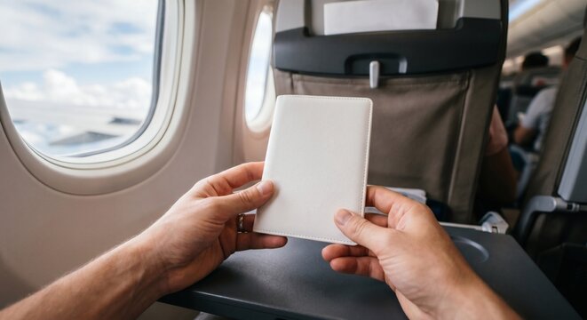 Blank white leather passport cover mockup held in hands POV