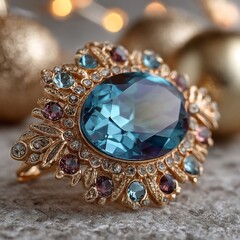 Fototapeta premium Large Blue Topaz Ring with Gold Setting and Diamonds on Marble Surface