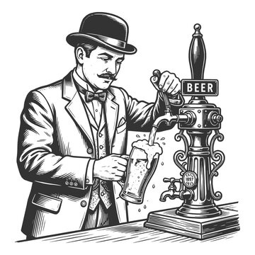 well dressed bartender pouring foamy draft beer from an ornate tap sketch engraving generative ai fictional character vector illustration. Scratch board imitation. Black and white image.