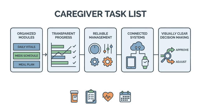 Caregiver task list infographic with healthcare workflow icons