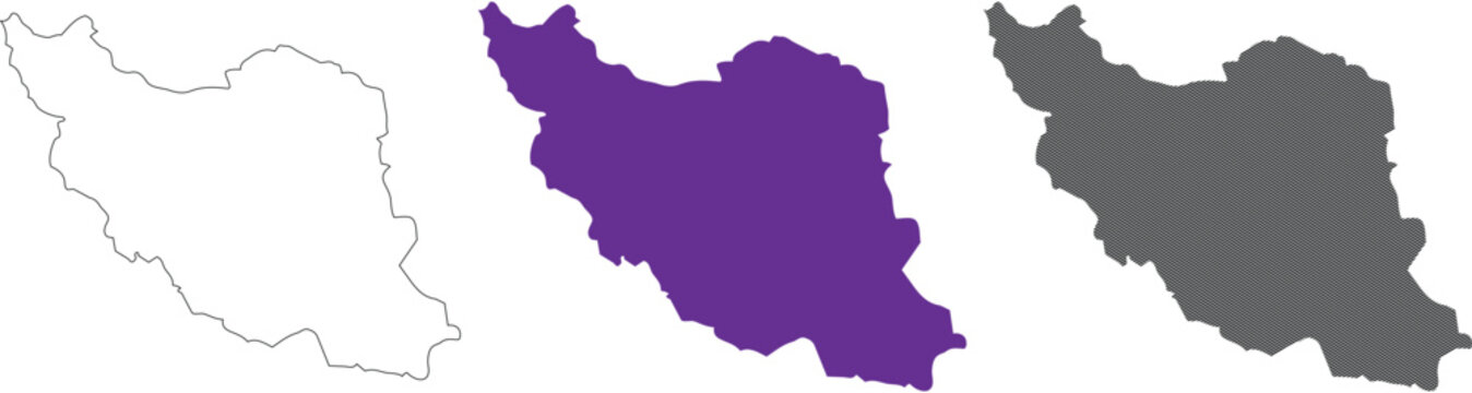 Iran map vector illustration collection including outline style solid purple fill and textured line patterns on transparent background for geography design tasks.