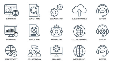 Fototapeta premium Remote work and online support outline icon collection