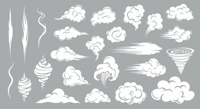 Cartoon smoke and cloud vector set, white steam and puff elements on gray background, comic style wind and tornado motion graphics for animation