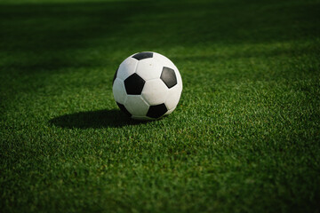 Fototapeta premium A soccer ball rests on a lush green field, symbolizing football competition, teamwork, athletic performance, sportsmanship, and the simplicity of the beautiful game.