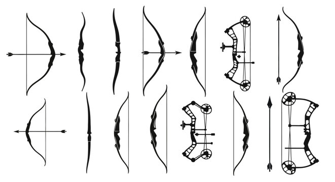 Archery bow and arrow silhouettes set, professional recurve and compound bow icons, 14 black vector elements for hunting and sports design