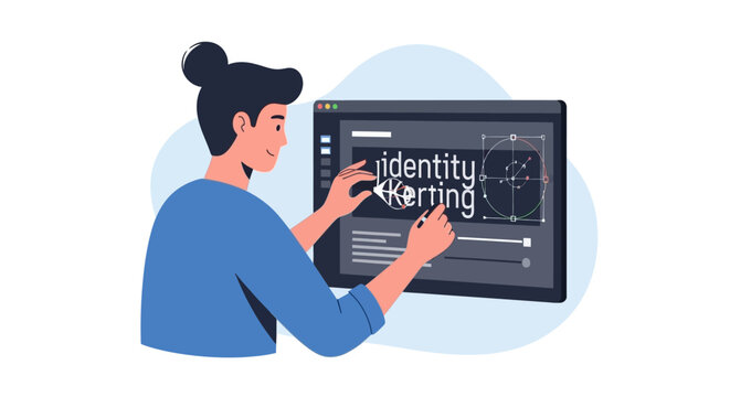 Graphic designer meticulously adjusting letter spacing and kerning on a digital screen for precise typography