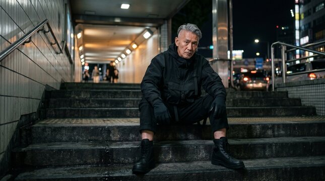 Silver Haired Asian Man In Black Techwear On Urban Concrete Steps