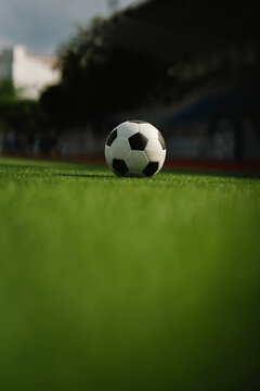 A soccer ball rests on a green field with a blurred stadium background, representing football competition, teamwork, athletic performance, and the spirit of the game.