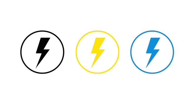 Lightning bolt icon set in circles, electric power symbols in black yellow and blue, minimalist energy flash vector graphics for web and mobile apps