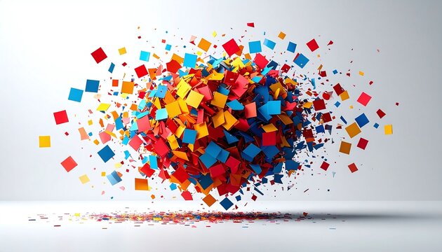 This vibrant 3D render shows a colorful sphere exploding into countless square fragments against a clean studio background, symbolizing creative energy, big ideas, and innovation.