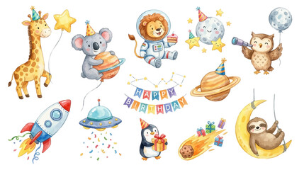 Obraz premium Cute watercolor space birthday clipart collection with animals, planets and festive party elements. Collection of Vector illustrations for invitation, card, poster, banner, decoration 