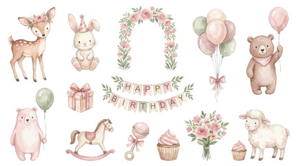 Adorable baby celebration watercolor collection featuring flowers, balloons and nursery decor. Collection of Vector illustrations for invitation, card, poster, banner, decoration  © maria