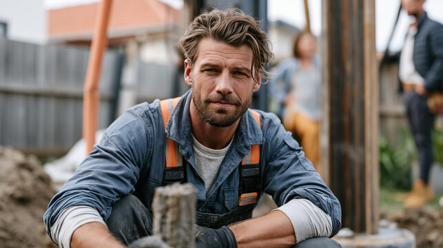 Geothermal heat pump installer crouching beside borehole drilling rig in suburban backyard, holding soil core sample extracted from twenty-meter depth while discussing ground