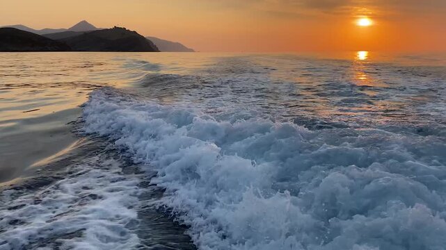Golden sunset over the Aegean Sea viewed from a moving boat near G&ouml;k&ccedil;eada, with foamy waves trailing behind and rugged island coastline silhouettes.