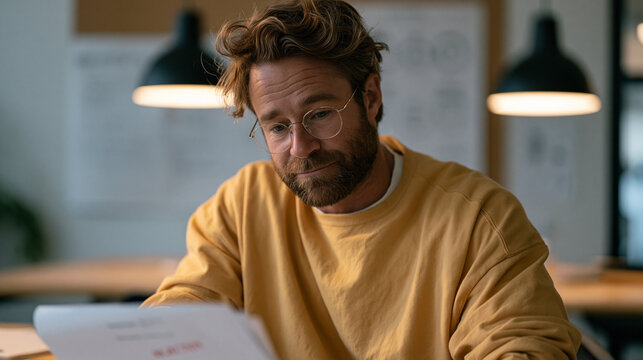 Solo founder reading a printed investor rejection letter at empty communal table, rejection stamped clearly in red across the page, jaw set in quiet determination rather than