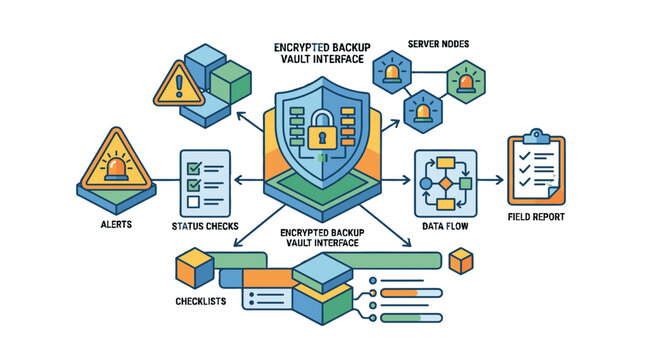 Geometric cybersecurity workflow diagram with encrypted backup icons