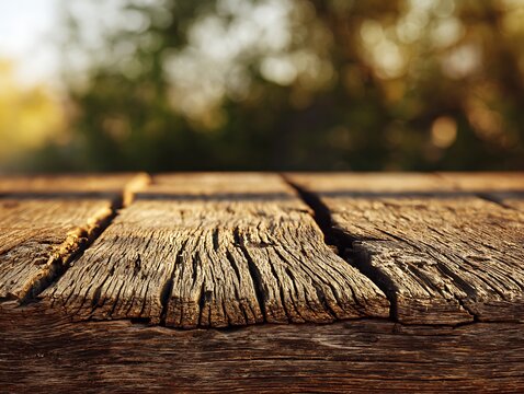 A close-up view of a weathered wooden table surface with cracks in a natural outdoor setting.