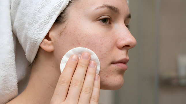Woman wiping acne prone cheek skin with a cotton pad, showing realistic facial texture, visible blemishes, and gentle cleansing routine