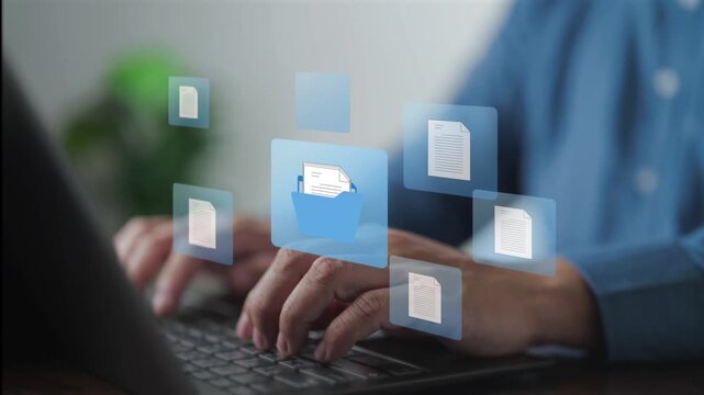 Office administrator managing digital archives and organizing files with a blue folder interface on a laptop. Concept of document management system, cloud computing, and paperless database.