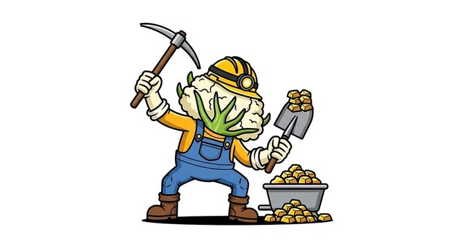 Cartoon character mining for gold treasure.