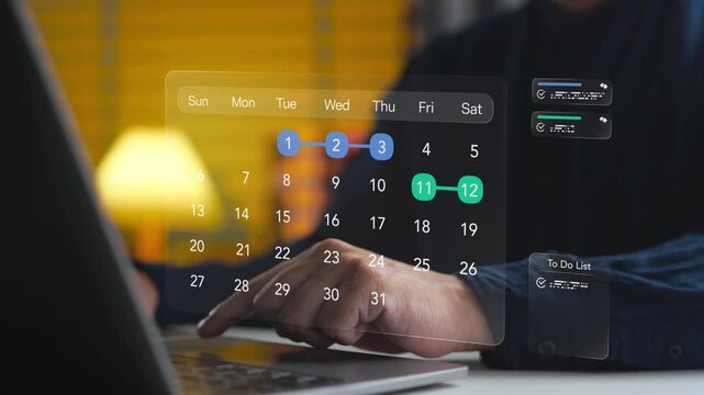 Project coordinator using a laptop to schedule corporate meetings and manage appointments on a digital calendar kpi dashboard interface. Concept of time tracking and workflow organization.
