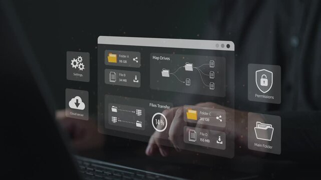 Office administrator managing cloud server storage and checking files transfer progress on a digital dashboard interface using laptop. Concept of database infrastructure and network architecture.