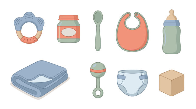 Baby care items and feeding accessories vector icon set