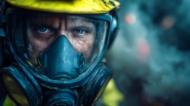 Firefighter in a gas mask looks determined amidst smoke and flames in emergency response.