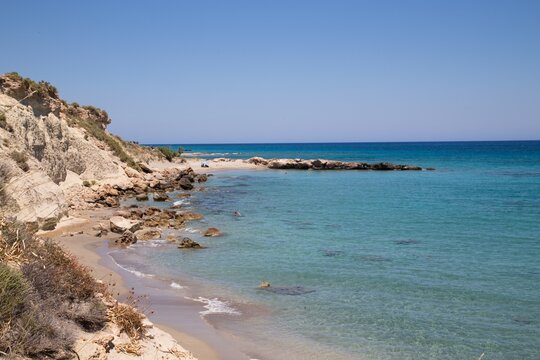 Beach at the Mediterranean Sea in Xerokampos village in southeastern Crete island, Greece.