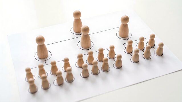 Business organization hierarchy concept with wooden peg figures arranged in corporate structure chart on white paper showing teamwork leadership and company management