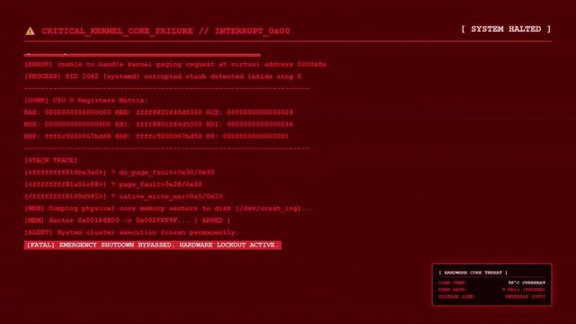 Critical Kernel Core Failure System Halted Emergency Shutdown Terminal Animation Cybersecurity Error Screen.