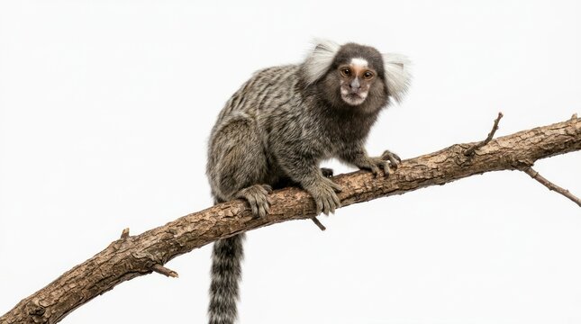 Common marmoset monkey perched on branch against white background animal