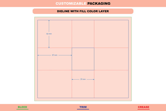 Packaging dieline template with grid layout, bleed, trim, and crease lines, featuring labeled dimensions in millimeters for box construction