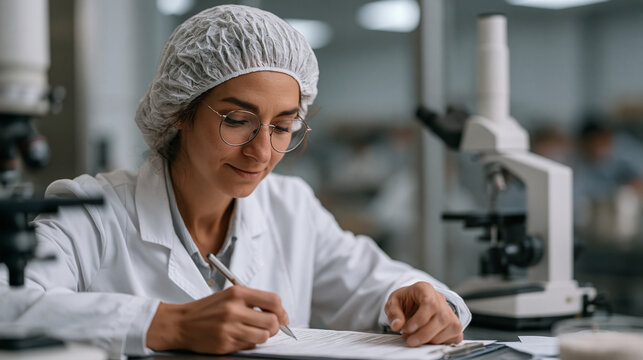Industrial food scientist in hairnet and lab coat examines ultra processed ingredient deck under laboratory magnification equipment, crowded food processing facility visible