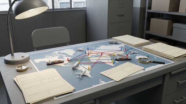 Global Route Planning Desk With Map Pins For Shipping Operations