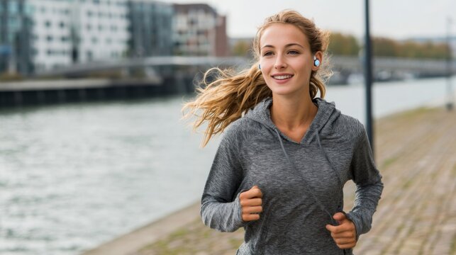 Young woman jogging by the riverbank wearing earphones, enjoying an active lifestyle, smiling with hair blowing in the wind, fitness and wellness concept