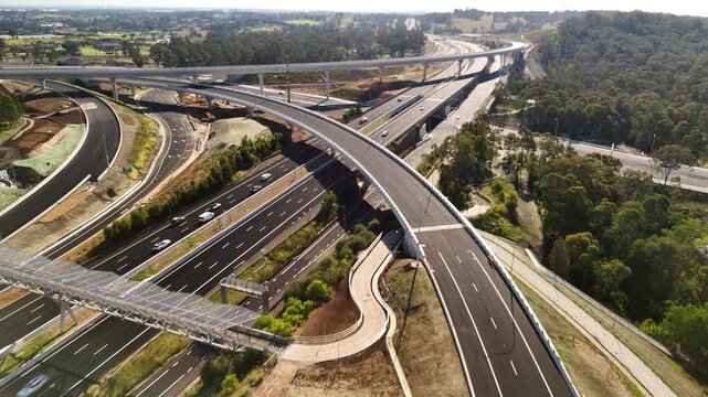 Aerial drone view above the M7 -M12 Interchange at Cecil Hills, Western Sydney, NSW Australia on a sunny morning in June 2026
