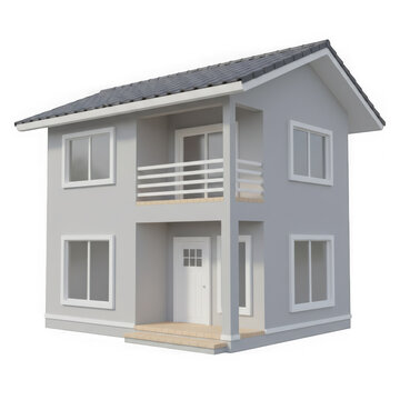 Modern two-story house with balcony and large windows 3d render isolated on transparent background