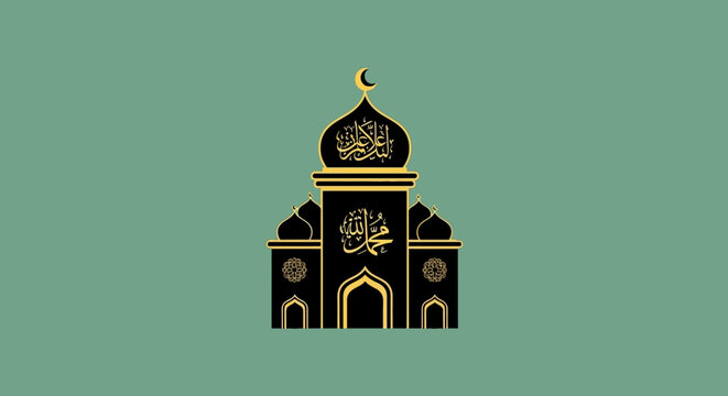 Elegant black and gold mosque with arabic calligraphy