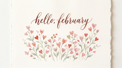 Hello february calligraphy greeting card design featuring hand painted watercolor flowers with red and pink heart shaped petals on a textured off white paper background