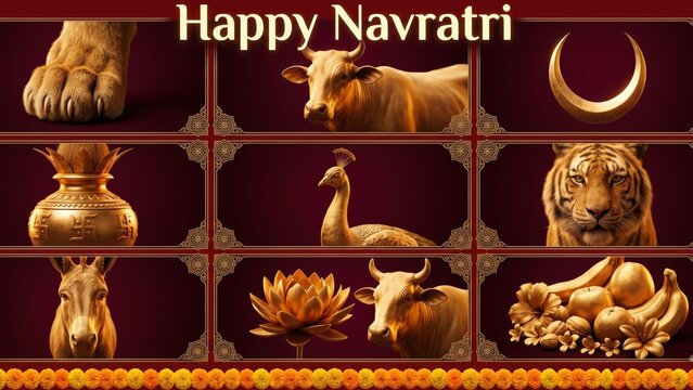 Happy Navratri Navadurga Symbols - Sacred Festival Grid Banner