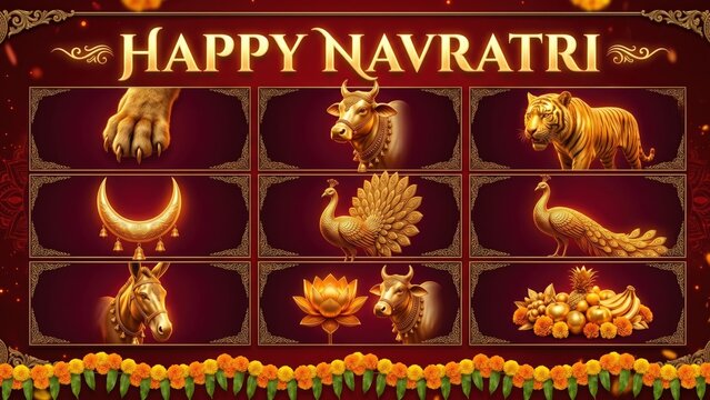 Happy Navratri Navadurga Symbols - Sacred Festival Grid Banner